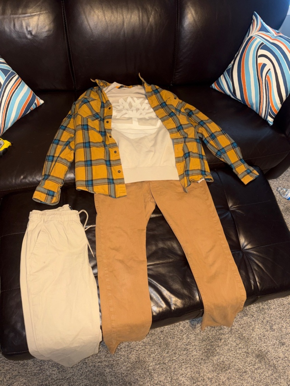 Yellow Plaid TIM Button-Up, TIM Beige Long Sleeve Crewneck + TIM Pants (ASOSpant